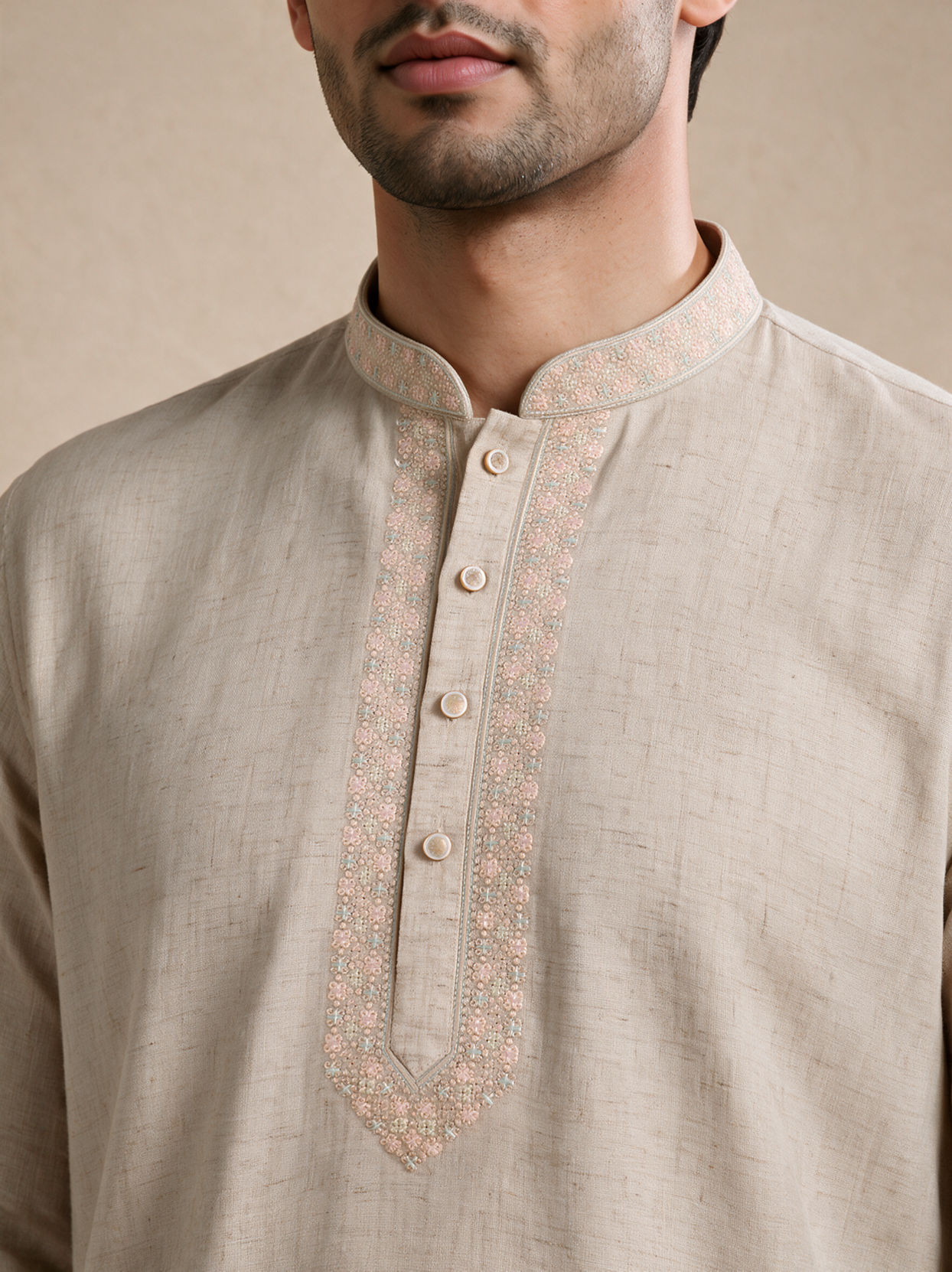 Manyavar Men Beige Blended Linen Short Kurta with Embroidery