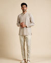 Manyavar Men Beige Blended Linen Short Kurta with Embroidery
