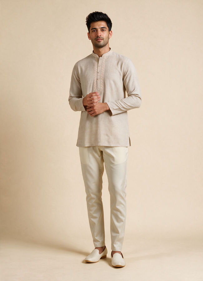 Manyavar Men Beige Blended Linen Short Kurta with Embroidery