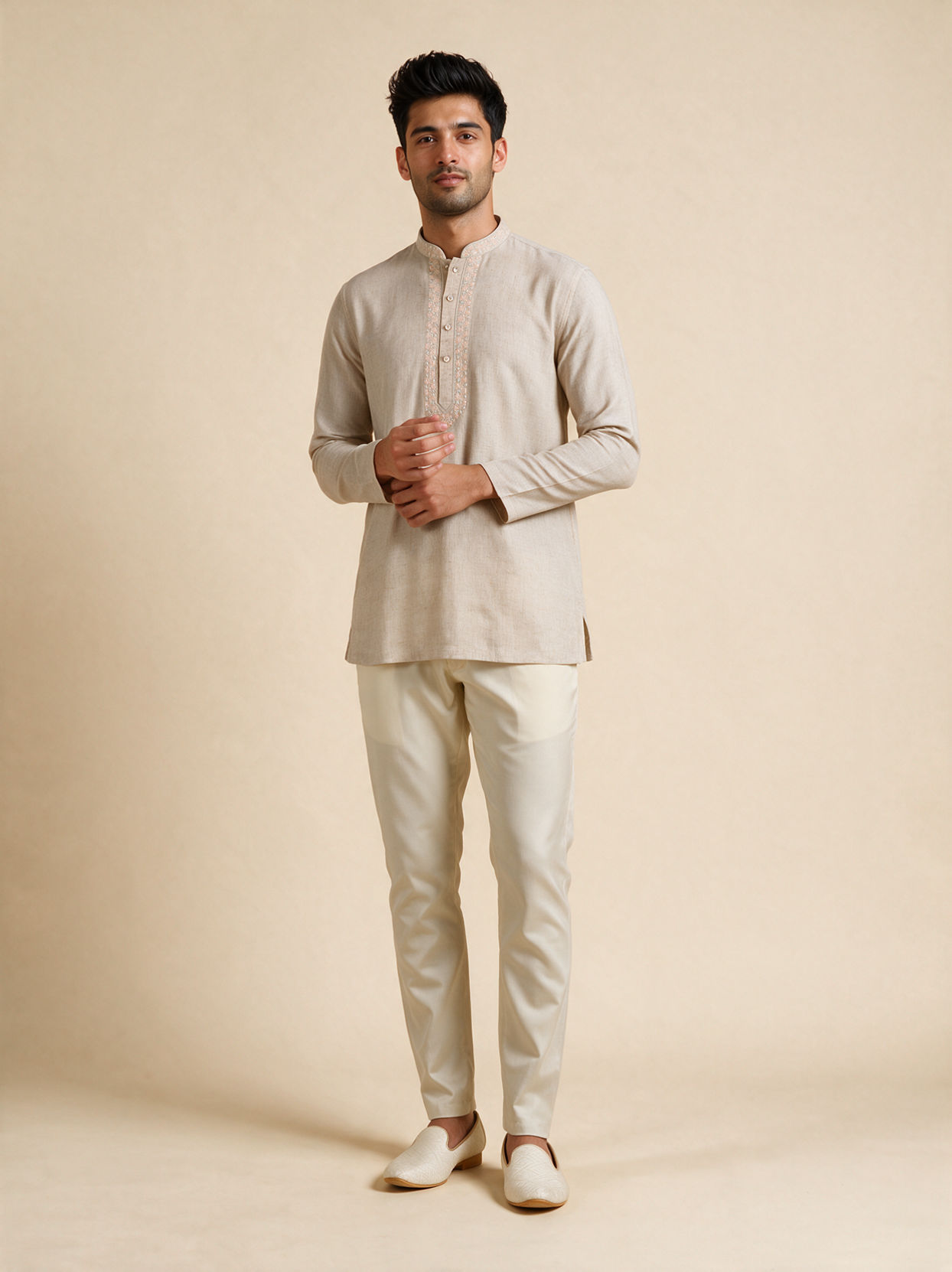 Manyavar Men Beige Blended Linen Short Kurta with Embroidery