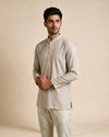 Manyavar Men Beige Blended Linen Short Kurta with Embroidery