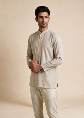 Manyavar Men Beige Blended Linen Short Kurta with Embroidery