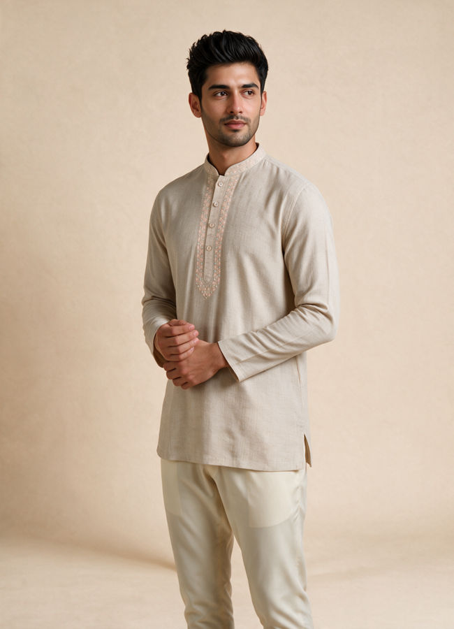 Manyavar Men Beige Blended Linen Short Kurta with Embroidery