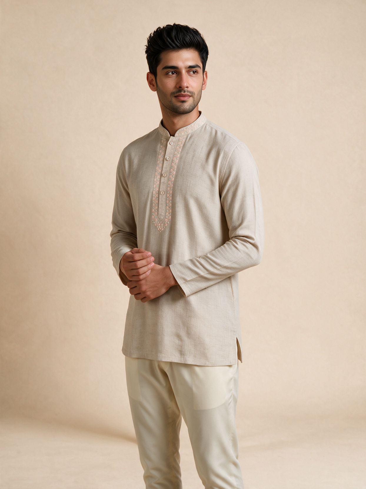 Manyavar Men Beige Blended Linen Short Kurta with Embroidery
