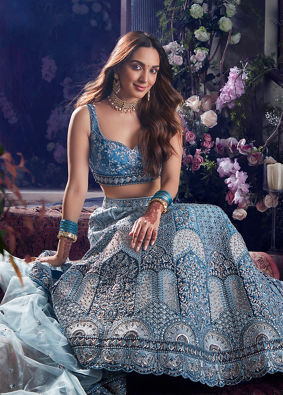 alt message - Mohey Women Coral Blue Floral Art Nouveau Patterned Bridal Lehenga image number 0