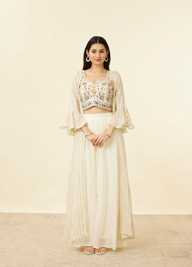Mohey Women Warm Cream Floral Embroidered Long Indo Western