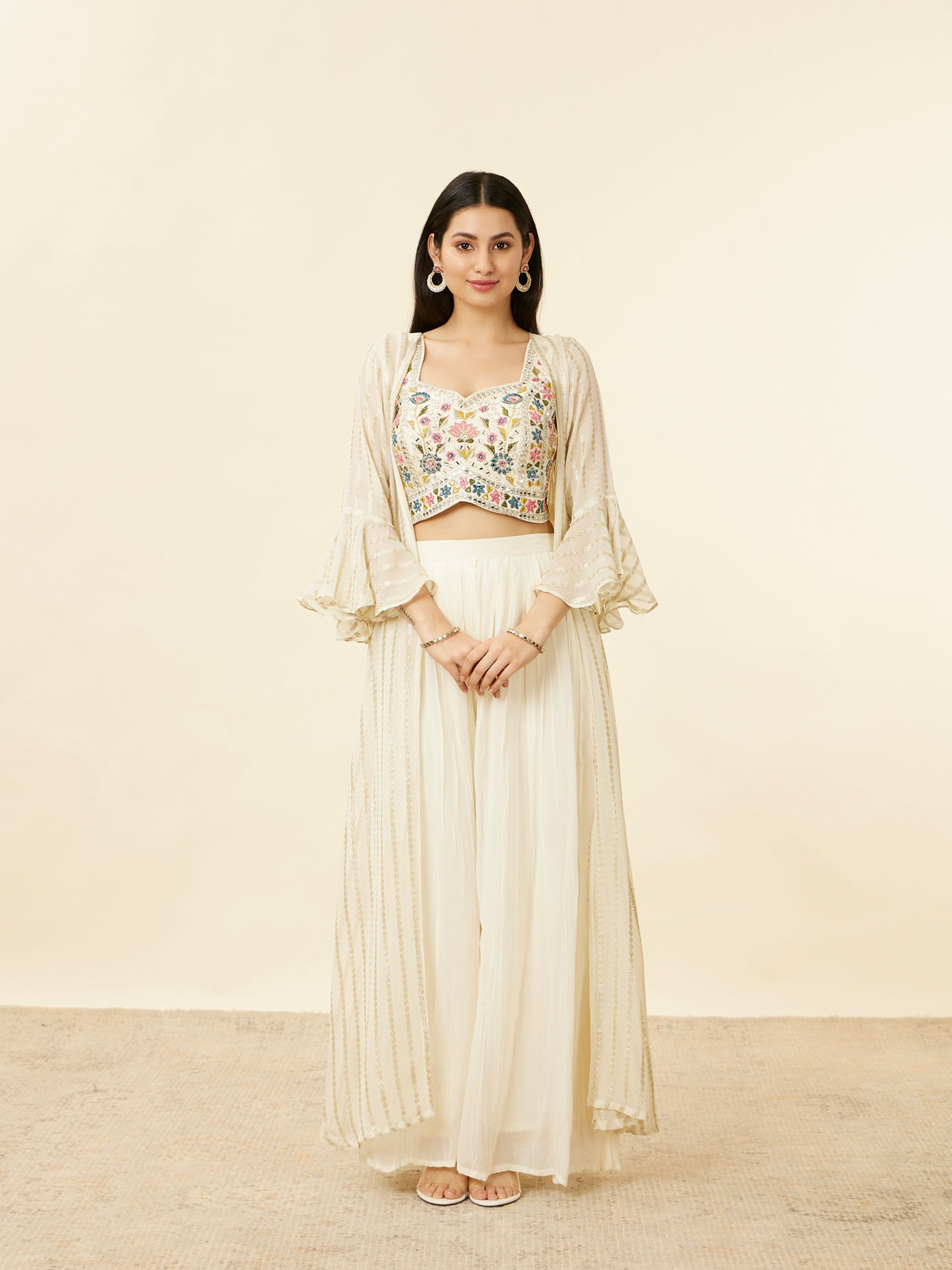 Mohey Women Warm Cream Floral Embroidered Long Indo Western