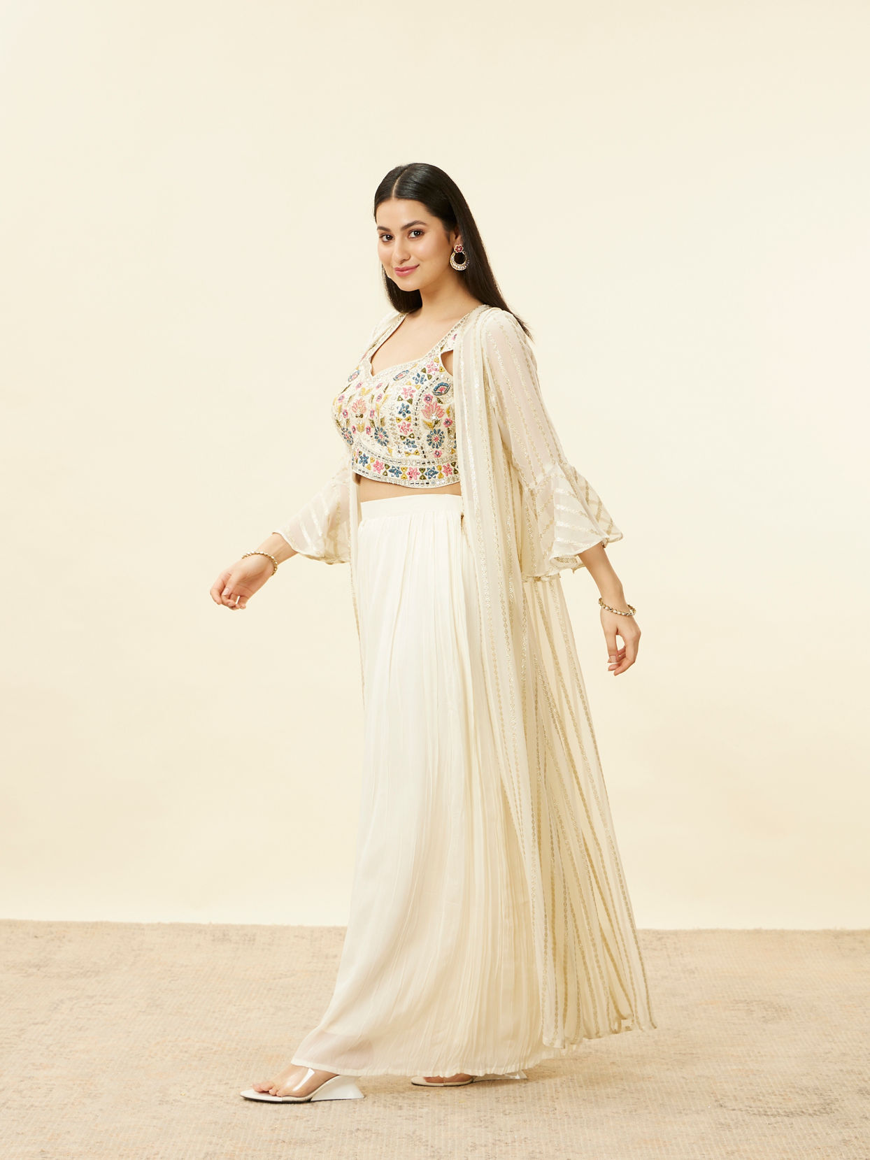 Mohey Women Warm Cream Floral Embroidered Long Indo Western