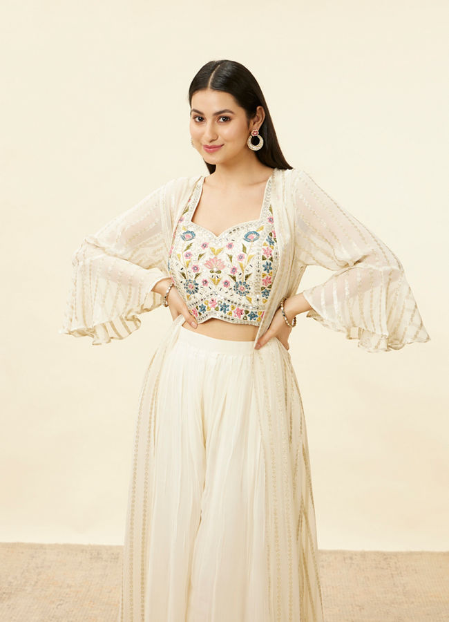 Mohey Women Warm Cream Floral Embroidered Long Indo Western