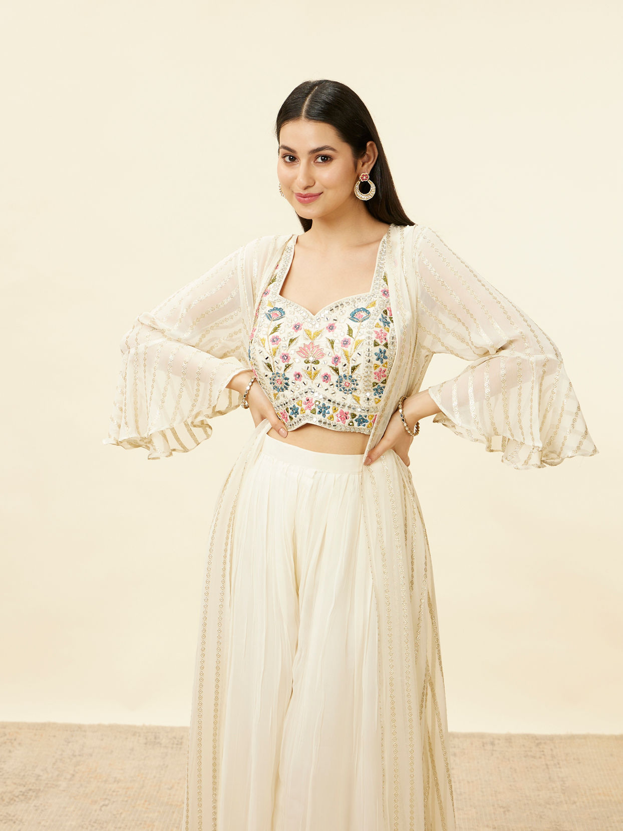 Mohey Women Warm Cream Floral Embroidered Long Indo Western
