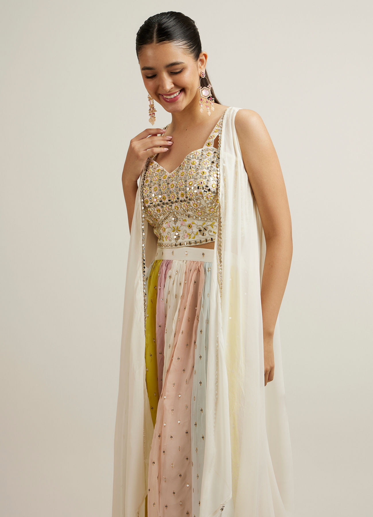 Mohey Women Cream Multi Coloured Sequinned Indo Western