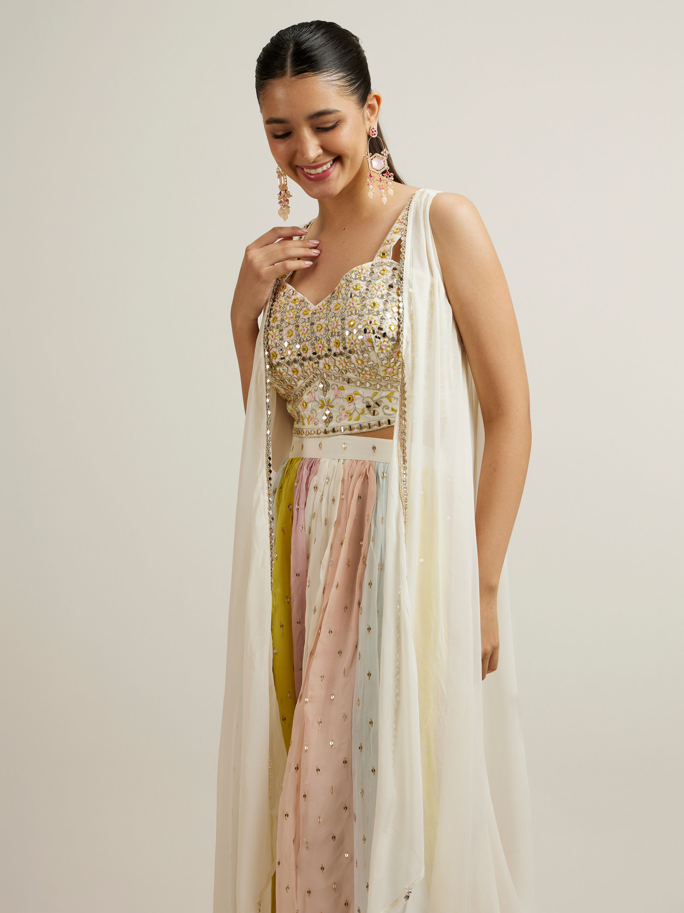 Mohey Women Cream Multi Coloured Sequinned Indo Western