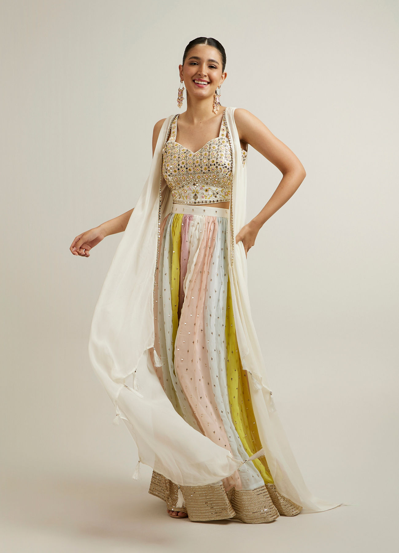 Mohey Women Cream Multi Coloured Sequinned Indo Western