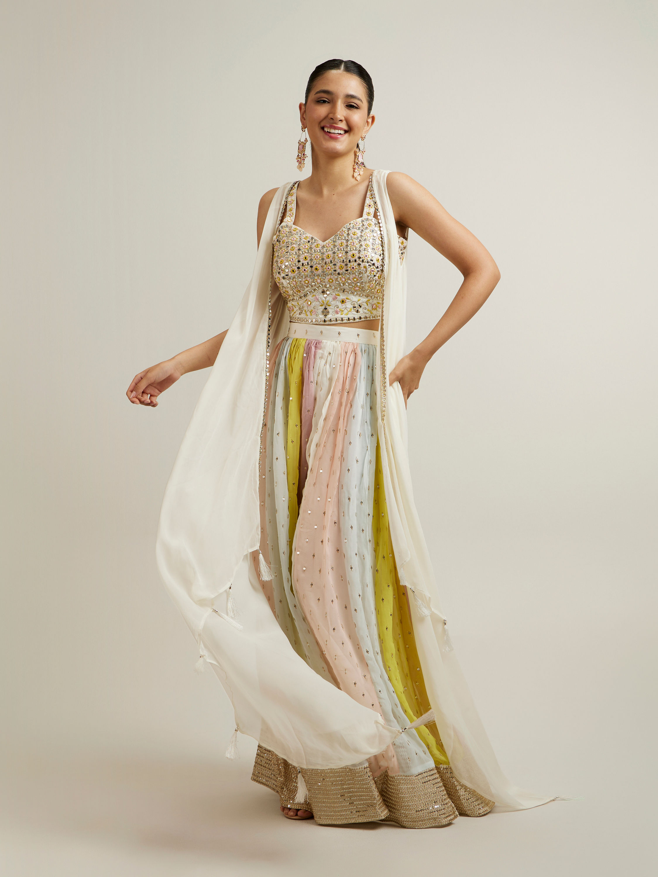 Mohey Women Cream Multi Coloured Sequinned Indo Western