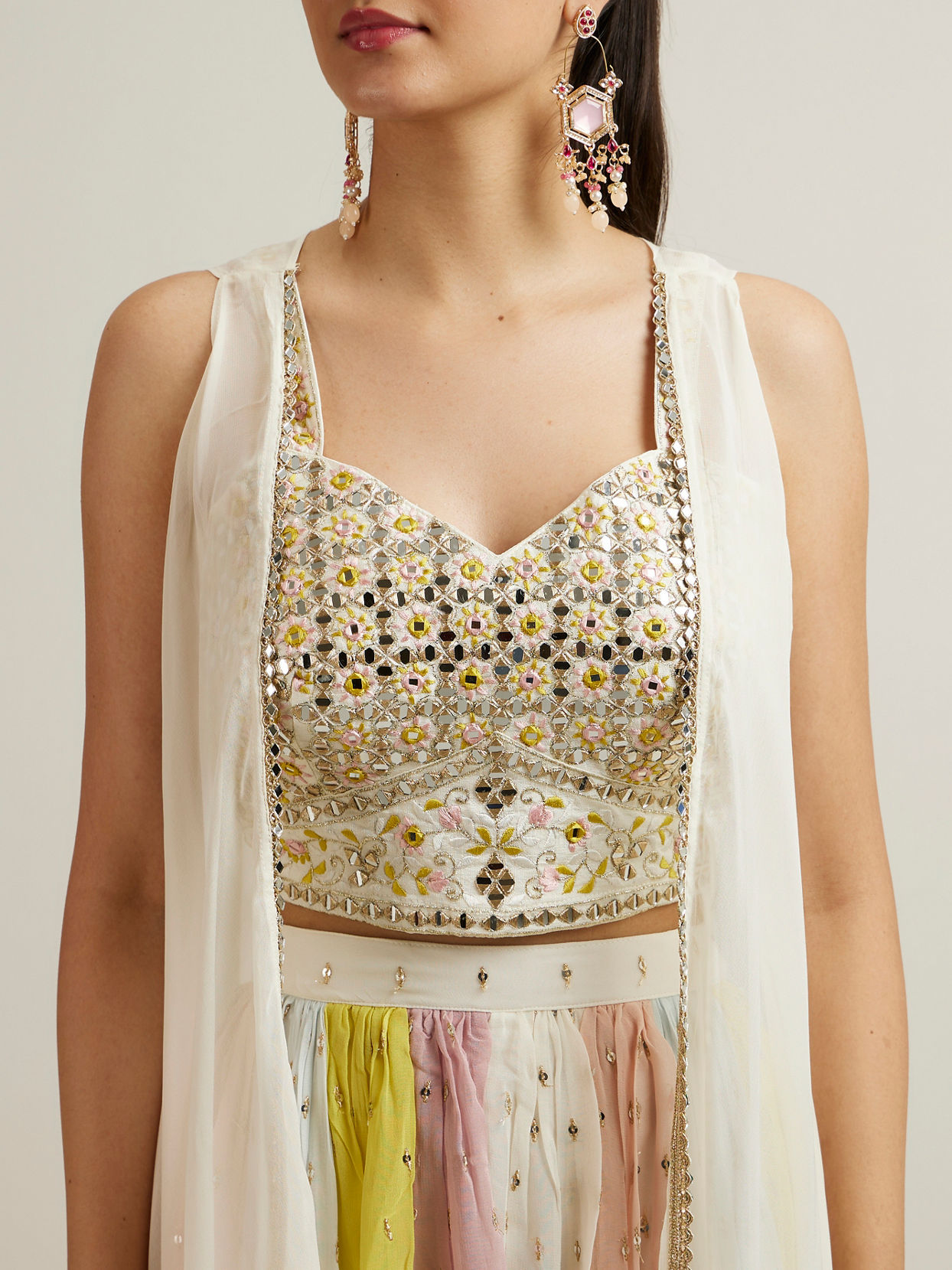 Mohey Women Cream Multi Coloured Sequinned Indo Western