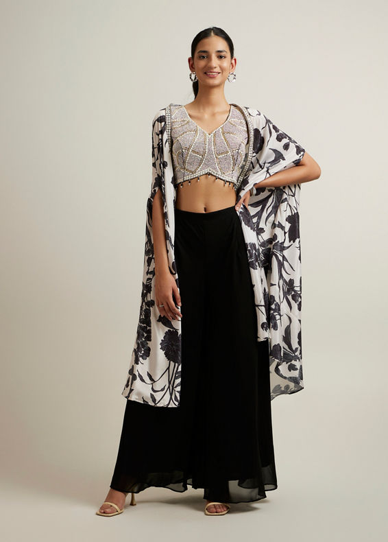 Mohey Women Black Botanical Printed Sequined Indo Western