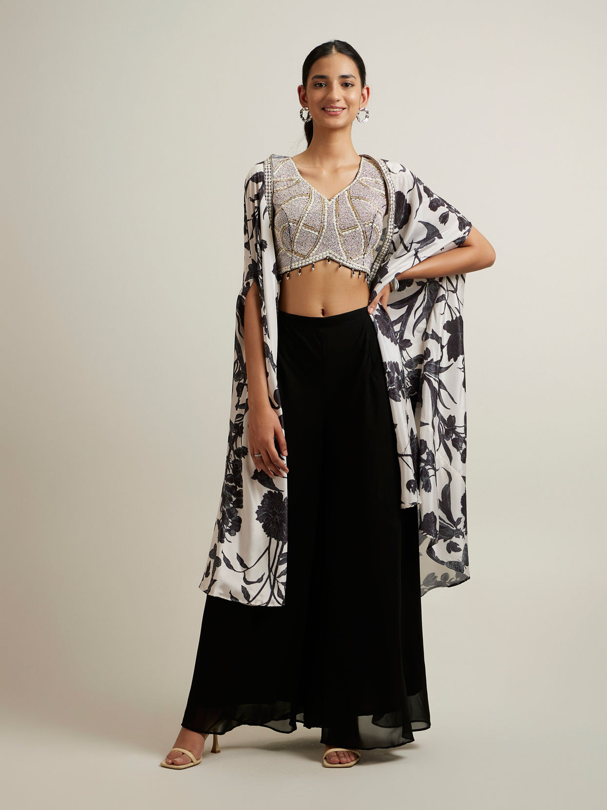 Mohey Women Black Botanical Printed Sequined Indo Western
