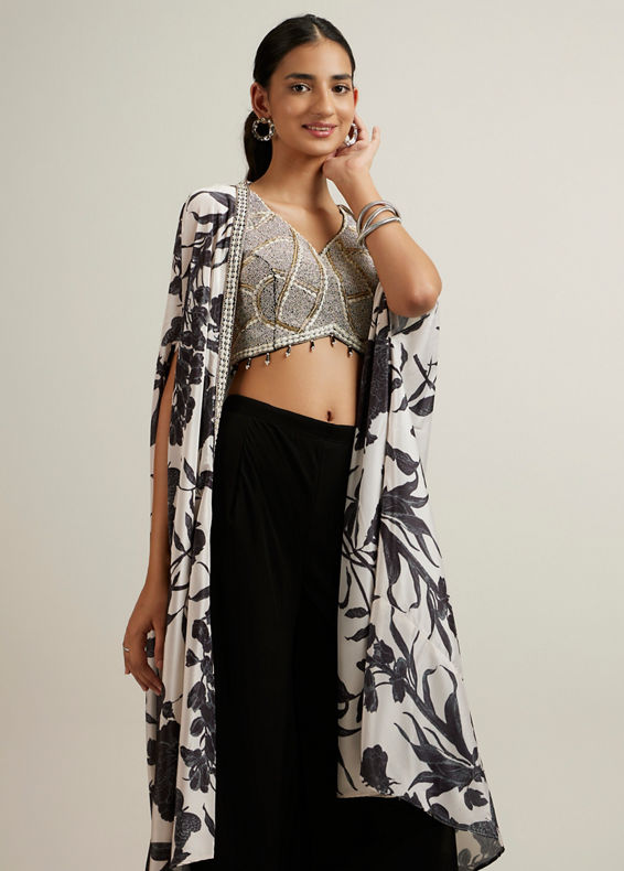 Mohey Women Black Botanical Printed Sequined Indo Western