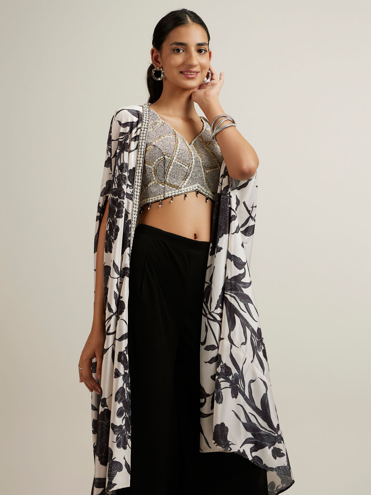 Mohey Women Black Botanical Printed Sequined Indo Western