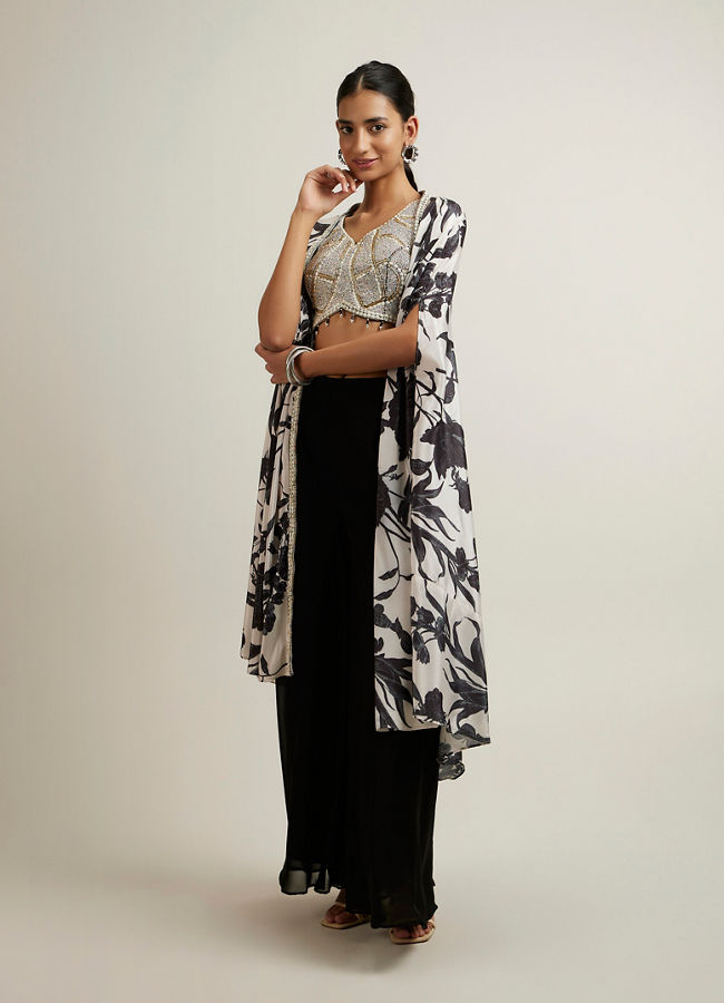 Mohey Women Black Botanical Printed Sequined Indo Western