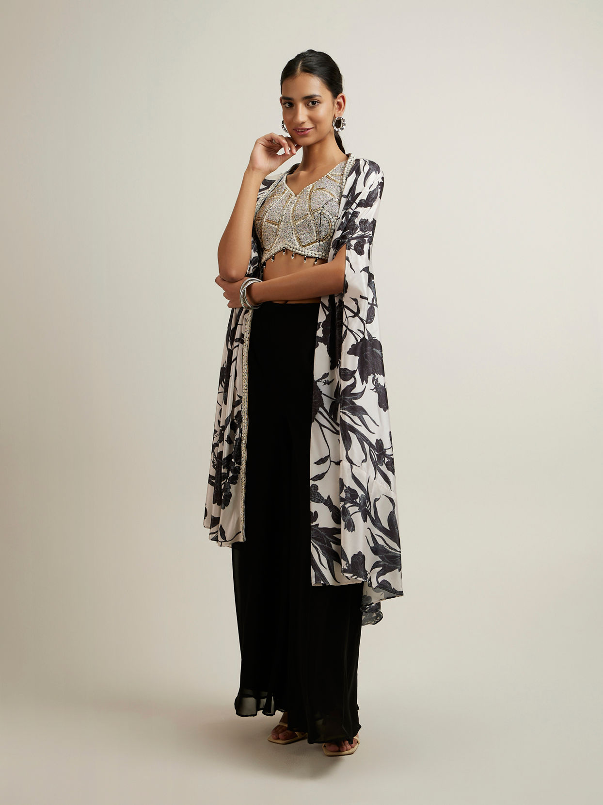 Mohey Women Black Botanical Printed Sequined Indo Western