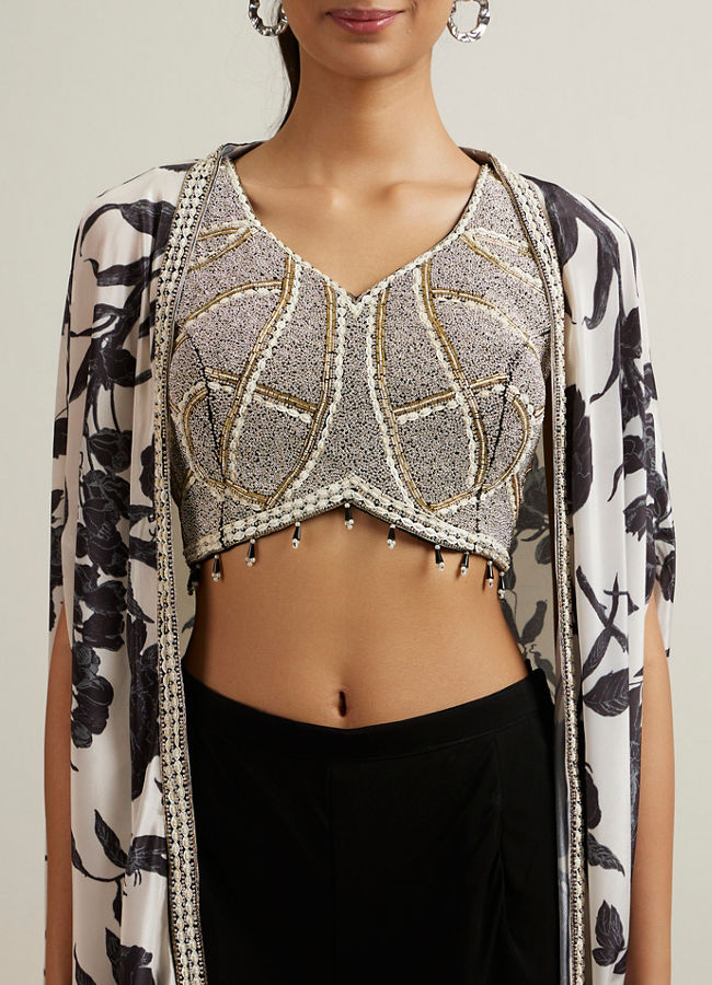 Mohey Women Black Botanical Printed Sequined Indo Western