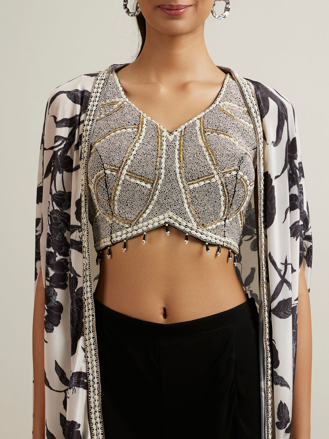 Mohey Women Black Botanical Printed Sequined Indo Western