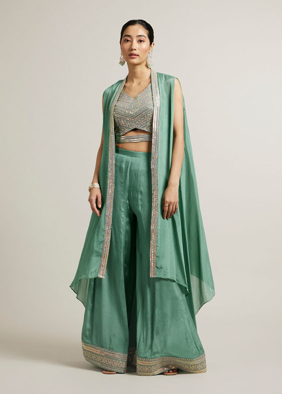 Mohey Women Sea Green Aari Embroidered Long Indo Western