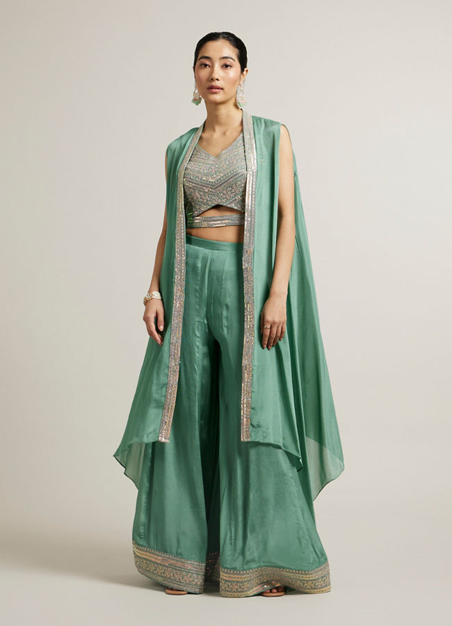 Mohey Women Sea Green Aari Embroidered Long Indo Western