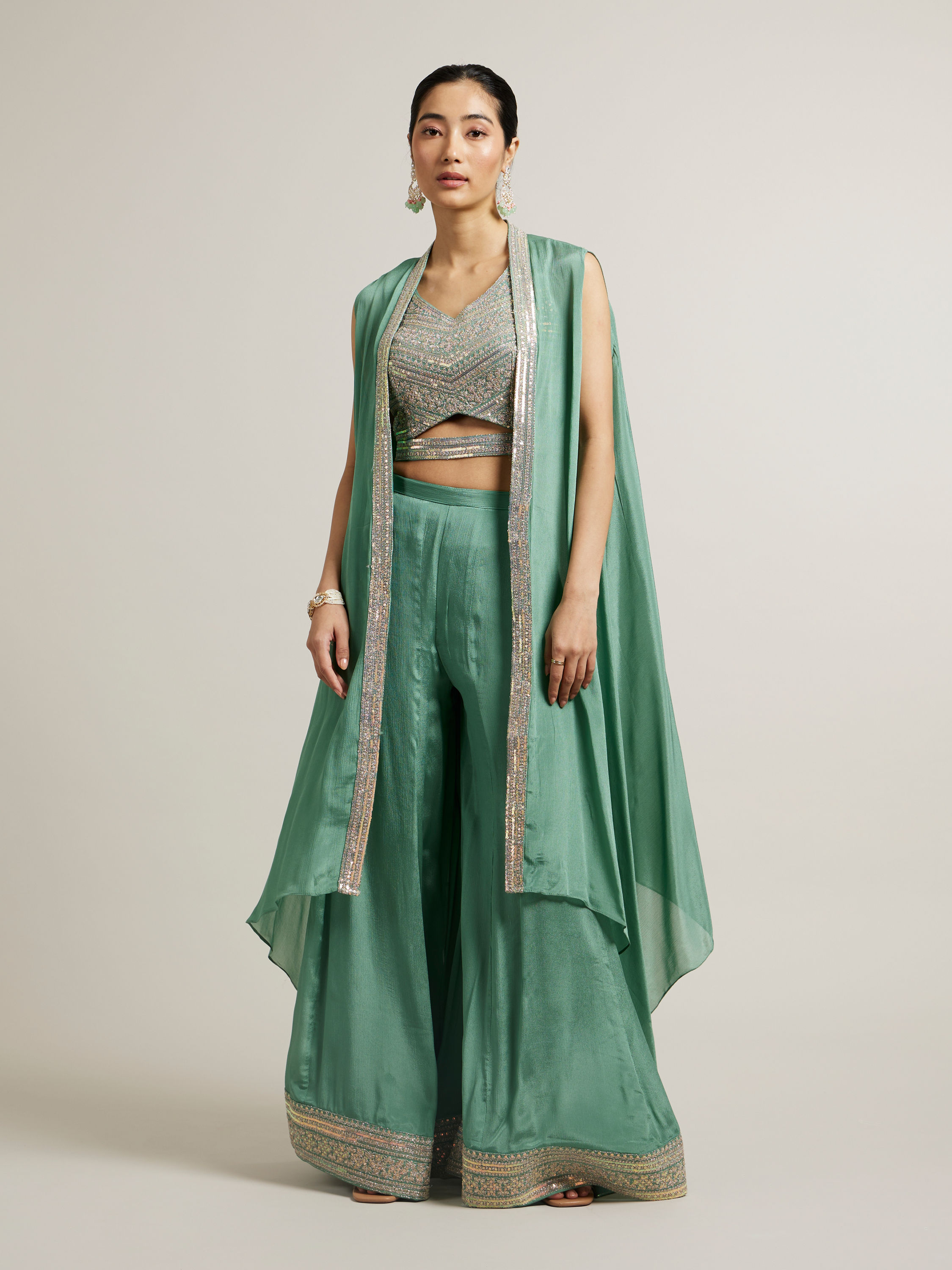 Mohey Women Sea Green Aari Embroidered Long Suit