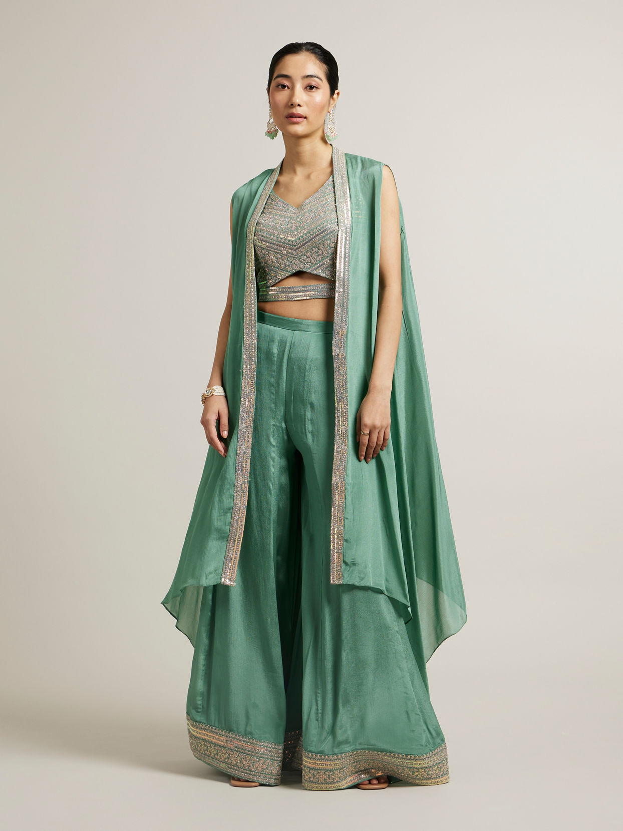 Mohey Women Sea Green Aari Embroidered Long Indo Western