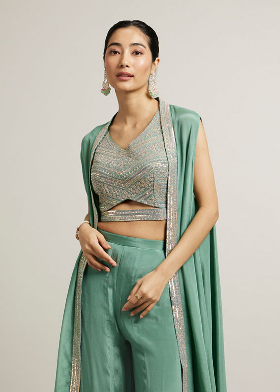 Mohey Women Sea Green Aari Embroidered Long Indo Western