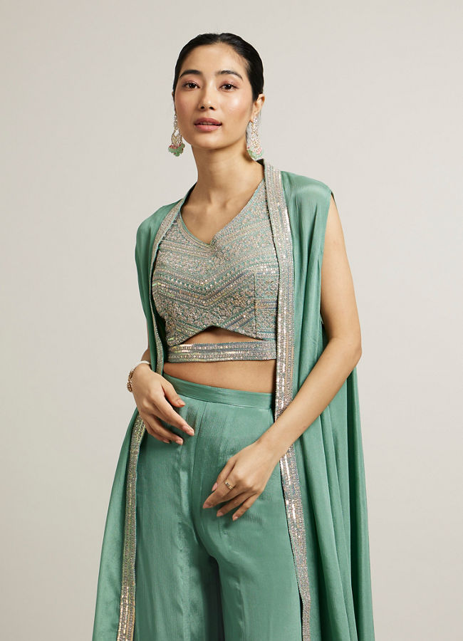 Mohey Women Sea Green Aari Embroidered Long Indo Western