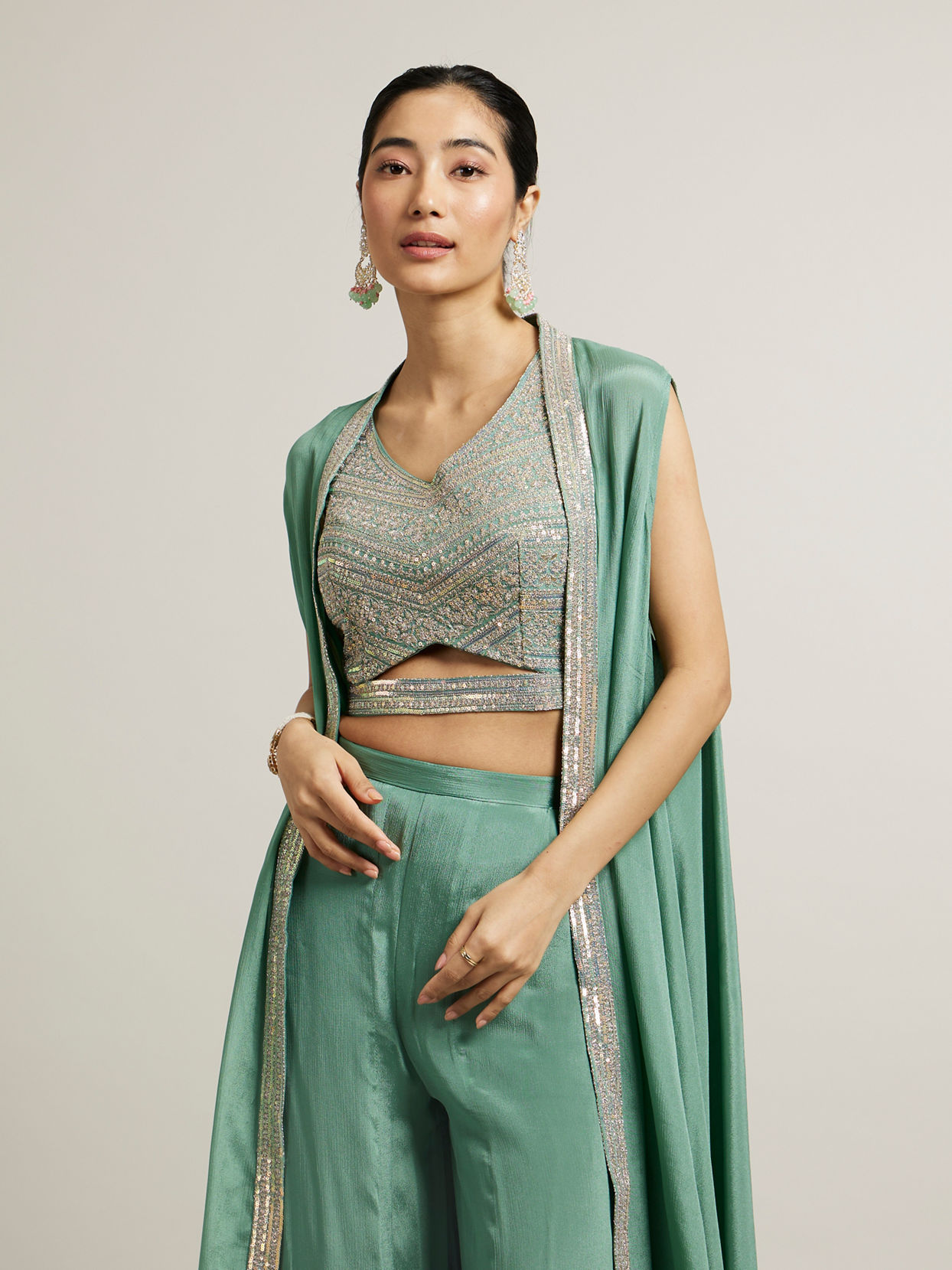 Mohey Women Sea Green Aari Embroidered Long Indo Western