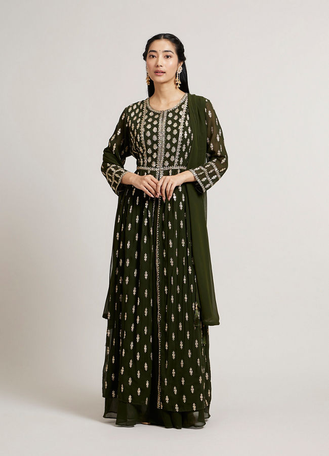 Mohey Women Mehandi Green Buta Embroidered Anarkali Suit Set with Sequin Highlights