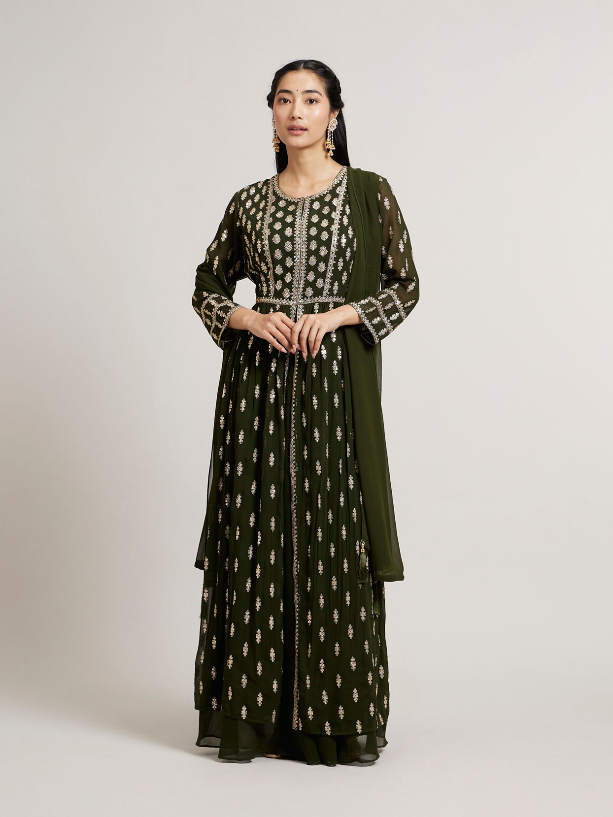 Mohey Women Mehandi Green Buta Embroidered Anarkali Suit Set with Sequin Highlights