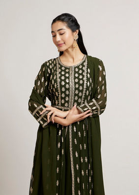 Mohey Women Mehandi Green Buta Embroidered Anarkali Suit Set with Sequin Highlights