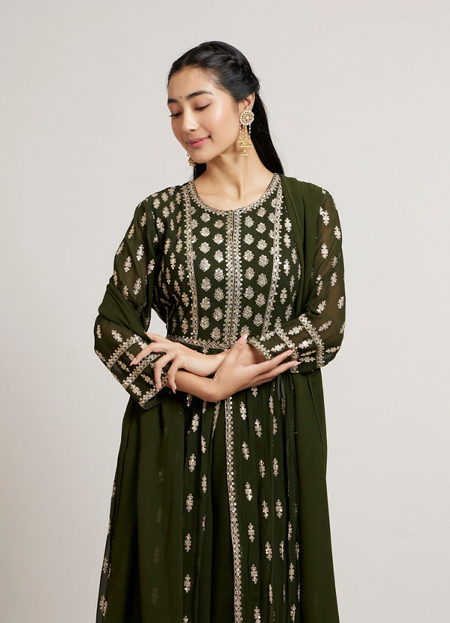 Mohey Women Mehandi Green Buta Embroidered Anarkali Suit Set with Sequin Highlights