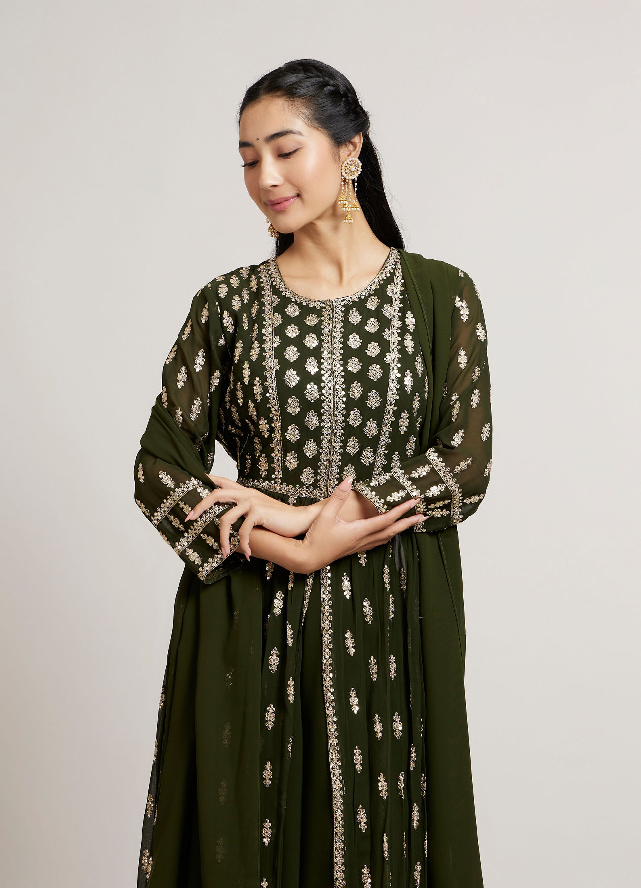 Mohey Women Mehandi Green Buta Embroidered Stitched Suit Set with Sequin Highlights