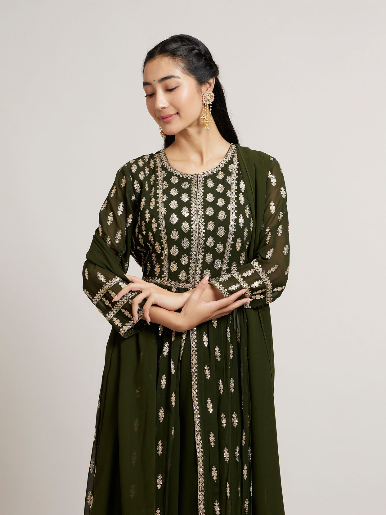 Mohey Women Mehandi Green Buta Embroidered Anarkali Suit Set with Sequin Highlights