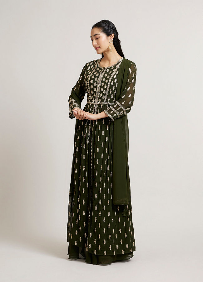 alt message - Mohey Women Emerald Elegance Georgette Suit Stitched Suit image number 2