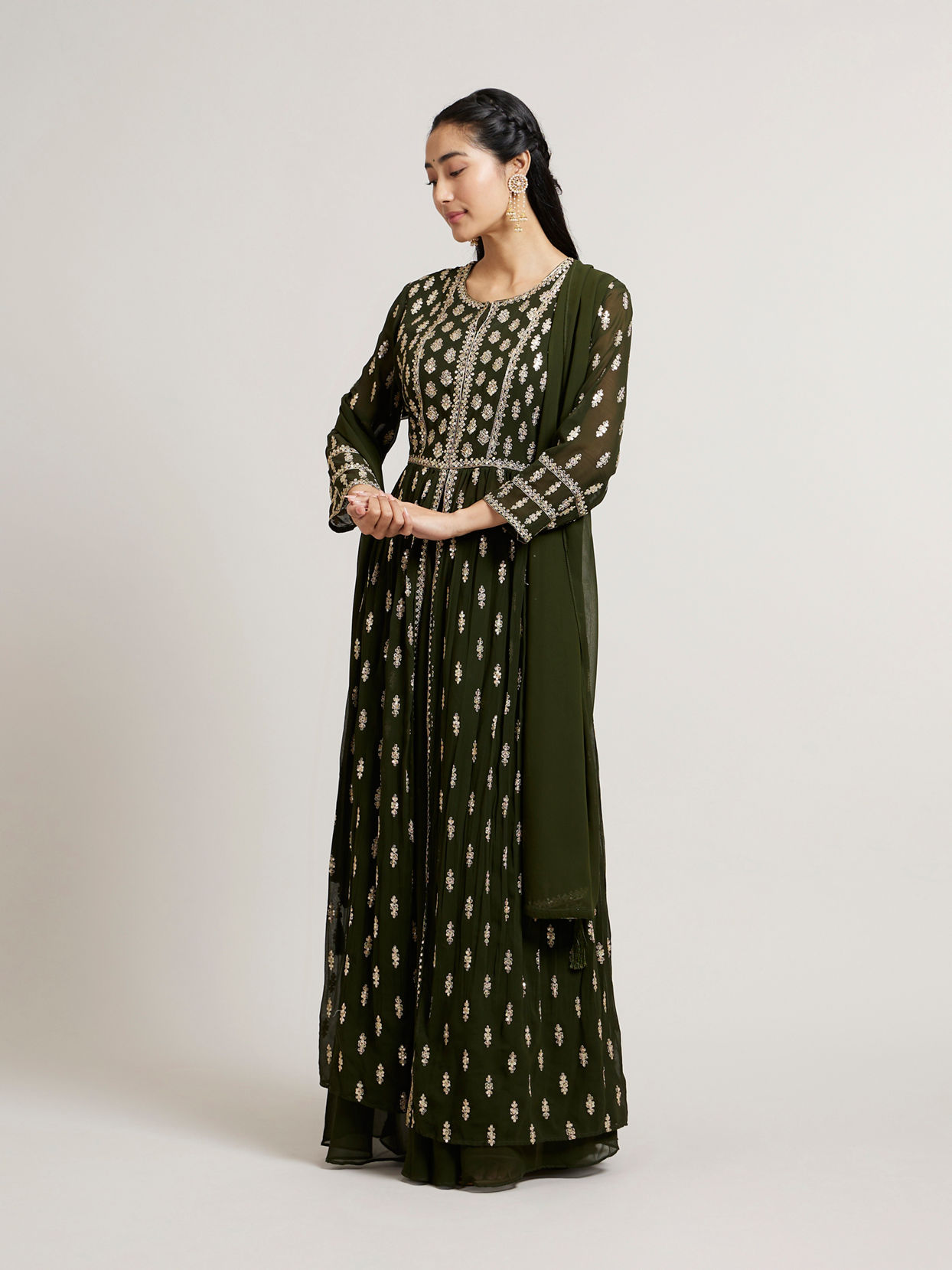 Mohey Women Mehandi Green Buta Embroidered Anarkali Suit Set with Sequin Highlights