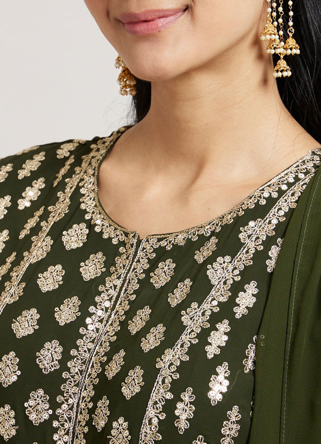 Mohey Women Mehandi Green Buta Embroidered Anarkali Suit Set with Sequin Highlights