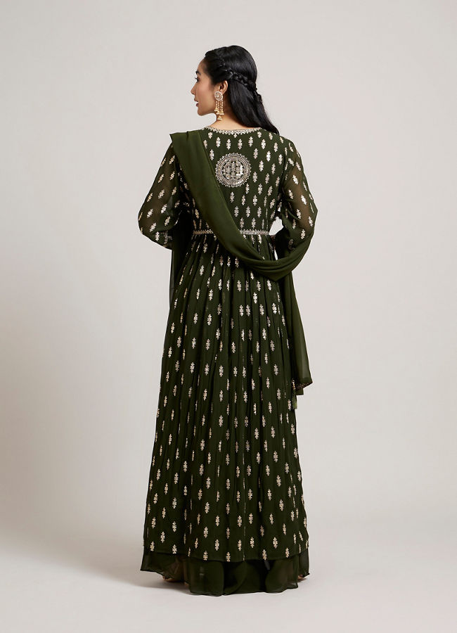 Mohey Women Mehandi Green Buta Embroidered Anarkali Suit Set with Sequin Highlights