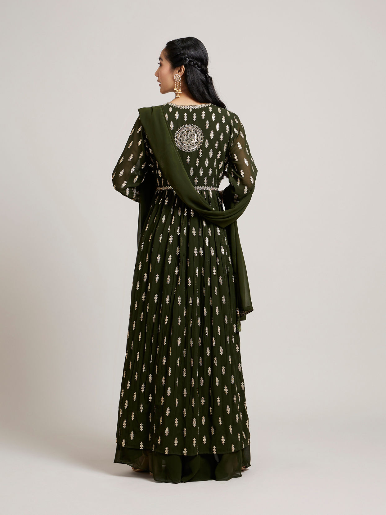 Mohey Women Mehandi Green Buta Embroidered Anarkali Suit Set with Sequin Highlights