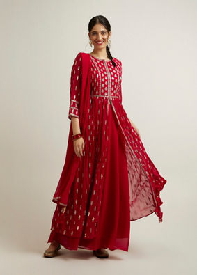 Mohey Women Rani Pink Floral Buta Patterned Anarkali Suit