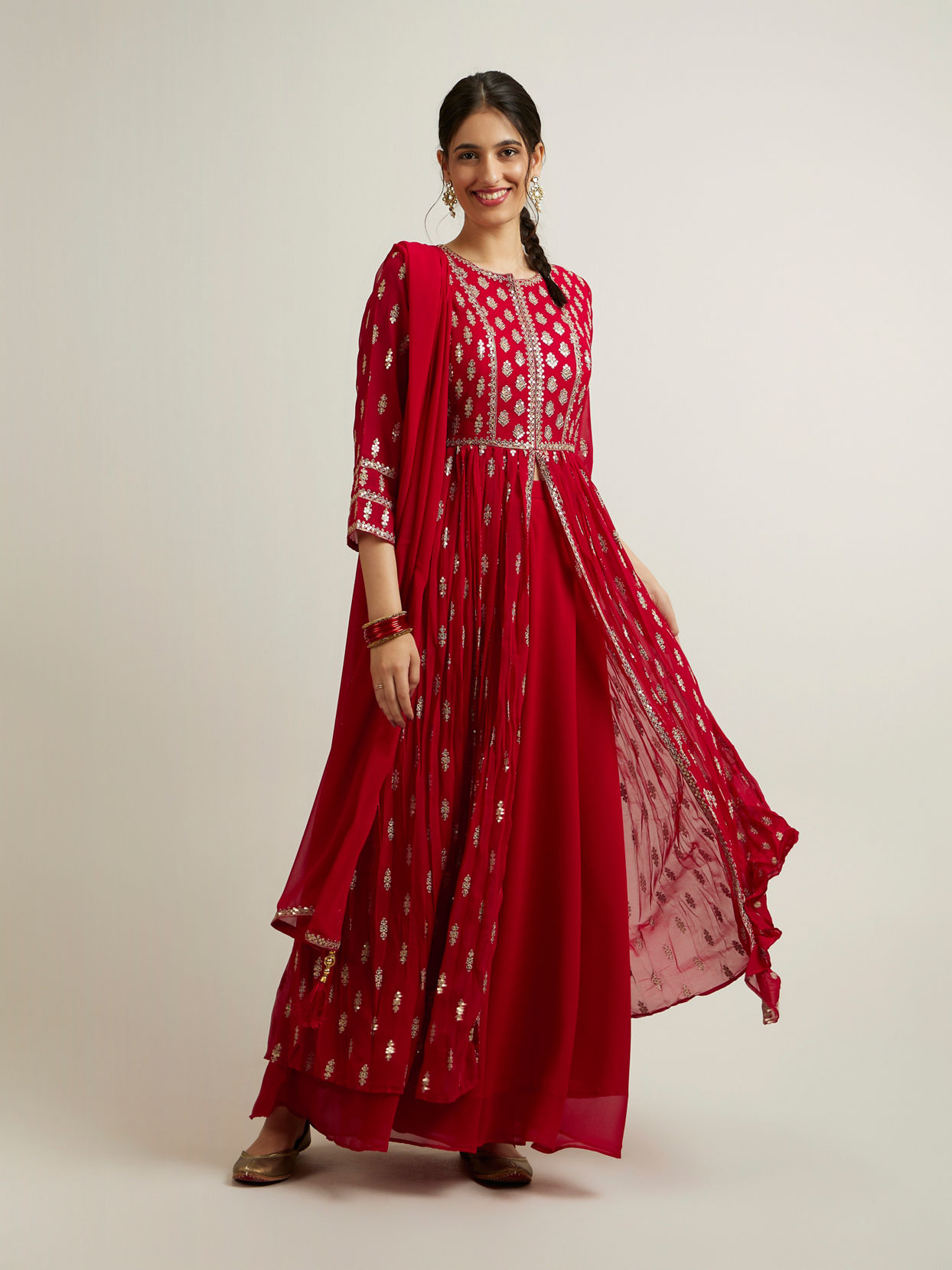 Mohey Women Rani Pink Floral Buta Patterned Anarkali Suit