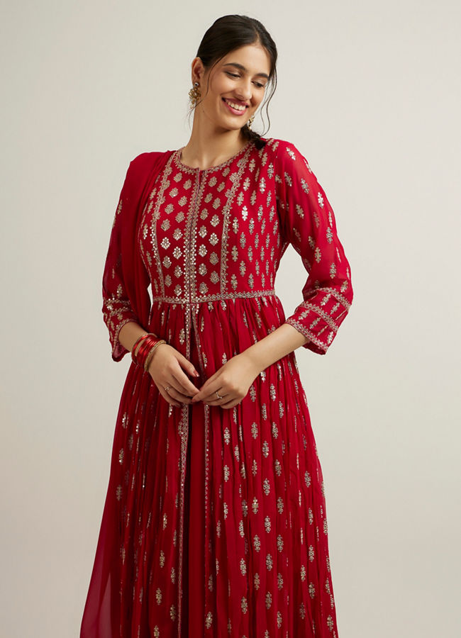 Mohey Women Rani Pink Floral Buta Patterned Anarkali Suit
