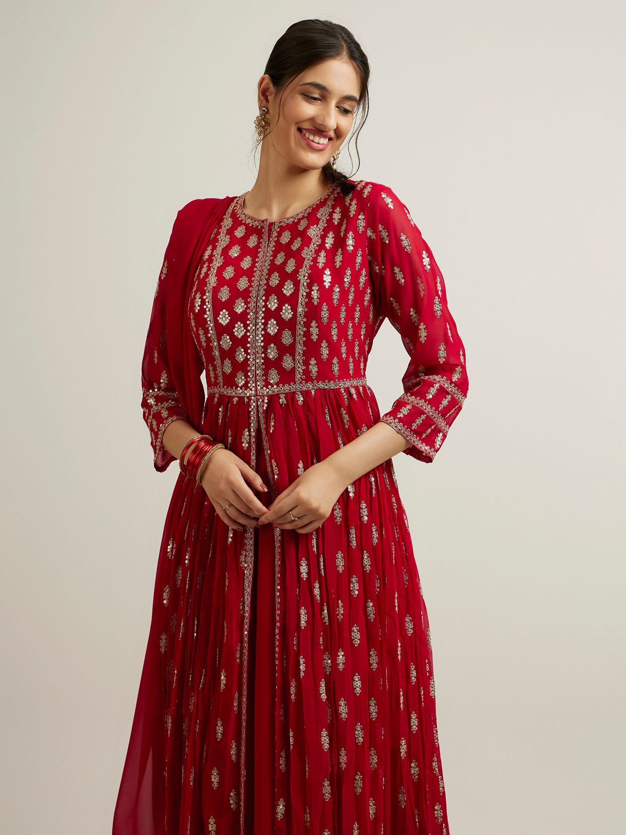 Mohey Women Rani Pink Floral Buta Patterned Anarkali Suit