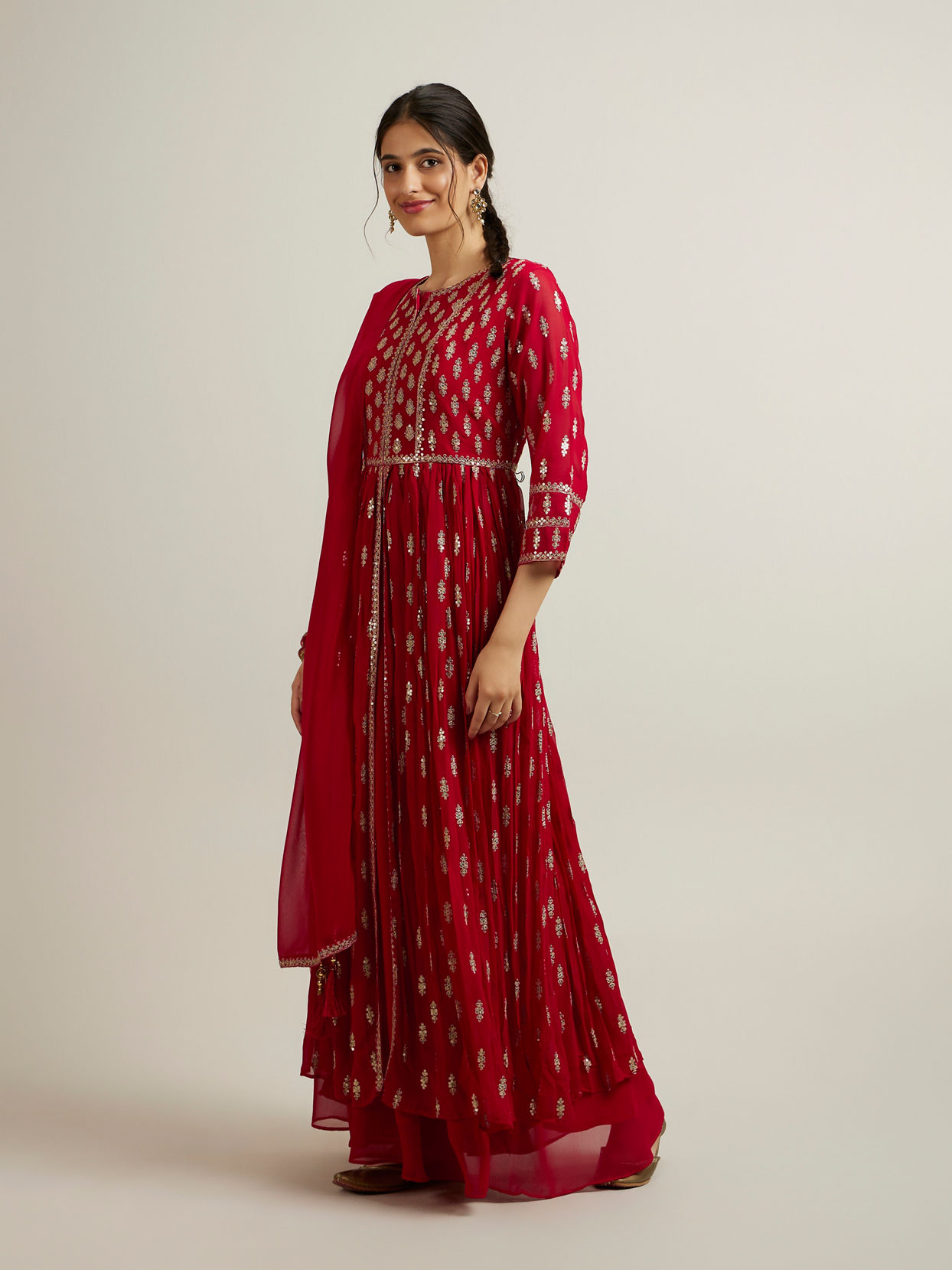 Mohey Women Rani Pink Floral Buta Patterned Anarkali Suit